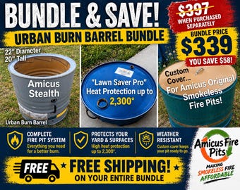 Puede incluir: Un paquete Urban Burn Barrel que incluye una hoguera Amicus Stealth de 22 pulgadas de diámetro y 20 pulgadas de alto, una alfombrilla de protección térmica azul Lawn Saver Pro y una cubierta personalizada para hogueras sin humo Amicus Original.