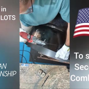 Puede incluir: Una persona con guantes blancos usa una herramienta el&eacute;ctrica roja para cortar ranuras de v&oacute;rtice en un componente de metal oscuro. La imagen incluye el texto: Cutting in VORTEX SLOTS, AMERICAN CRAFTSMANSHIP y To support Secondary Combustion.