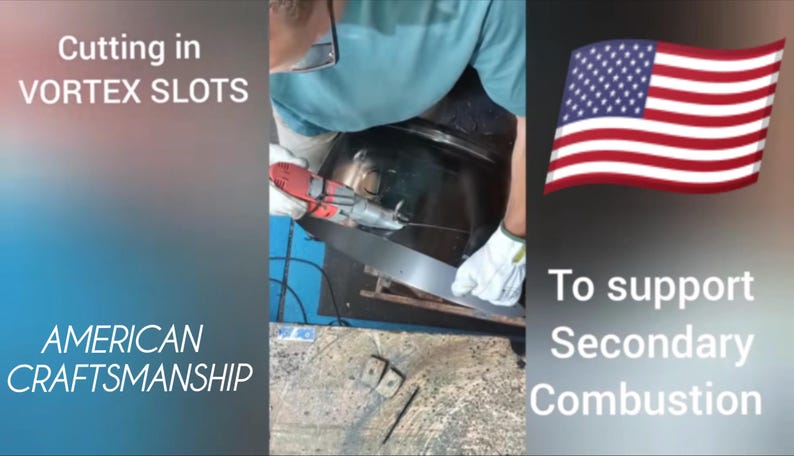 Puede incluir: Una persona con guantes blancos usa una herramienta el&eacute;ctrica roja para cortar ranuras de v&oacute;rtice en un componente de metal oscuro. La imagen incluye el texto: Cutting in VORTEX SLOTS, AMERICAN CRAFTSMANSHIP y To support Secondary Combustion.