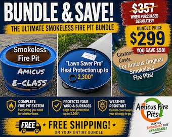 Puede incluir: Una hoguera sin humo azul Amicus E-Class, una alfombrilla de protección térmica redonda Lawn Saver Pro y una cubierta personalizada. El texto incluye BUNDLE & SAVE, THE ULTIMATE SMOKELESS FIRE PIT BUNDLE y Amicus Fire Pits. El gráfico muestra características como un sistema completo de hoguera, protección térmica hasta 2.300 grados y resistencia a la intemperie.