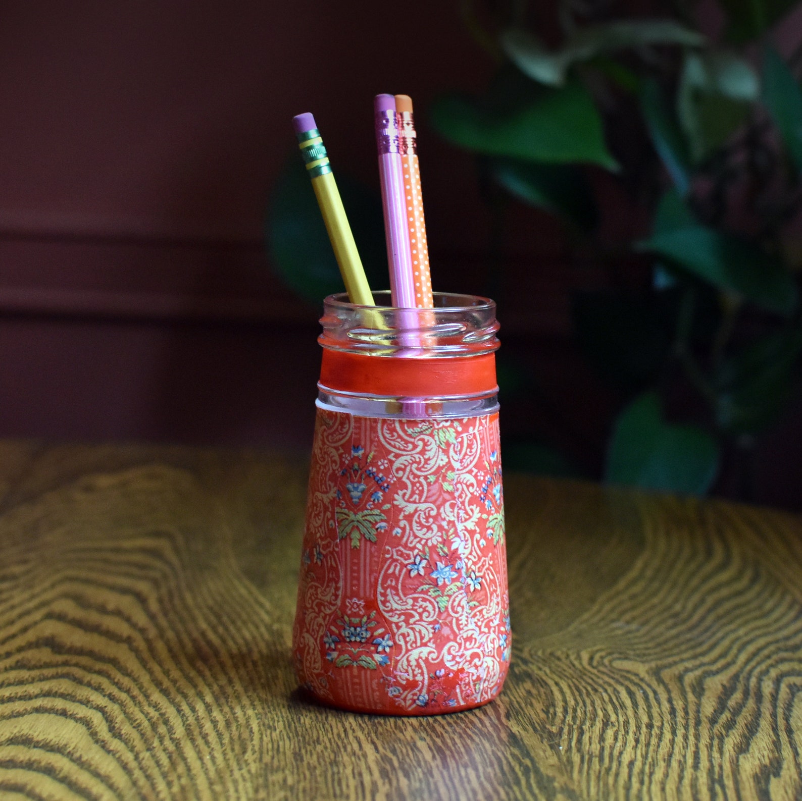 Little orange jar vase decorated with decoupage and paint / Etsy