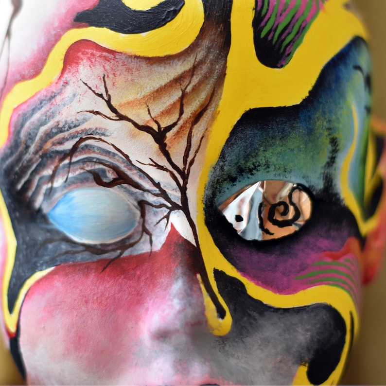 Hand Painted Collage Plaster Head Sculpture Modern Decor Psychedelic Art