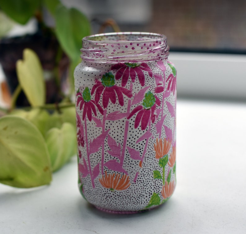 Decoupage Jar With Floral & Dot Design. Use as a Vase, Drinking Glass