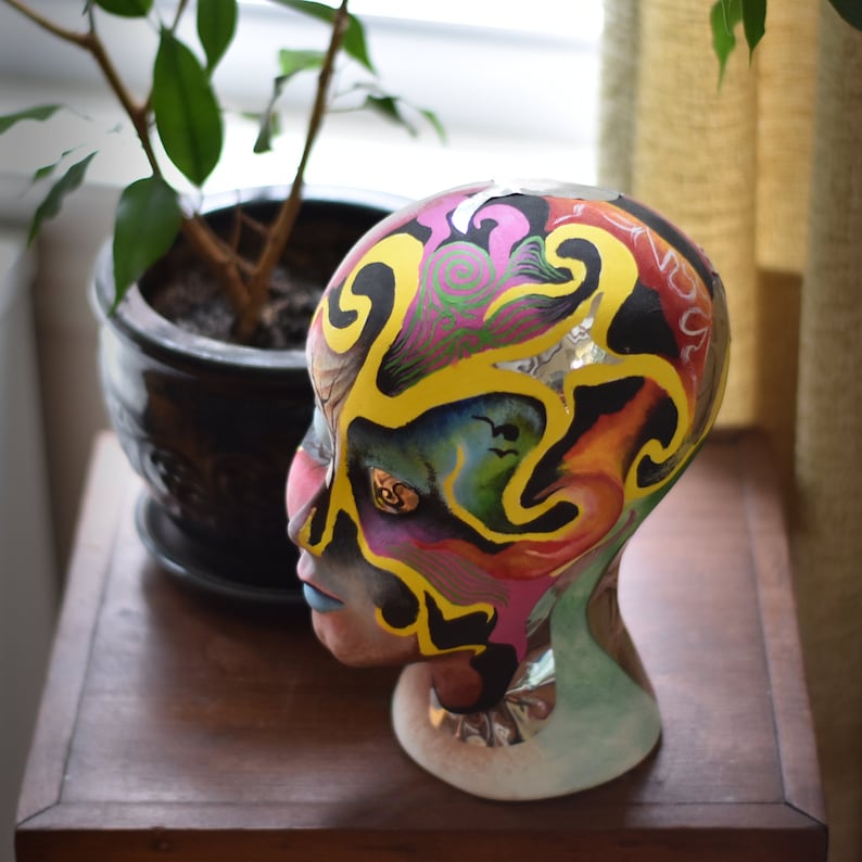 Hand Painted Collage Plaster Head Sculpture Modern Decor Psychedelic Art