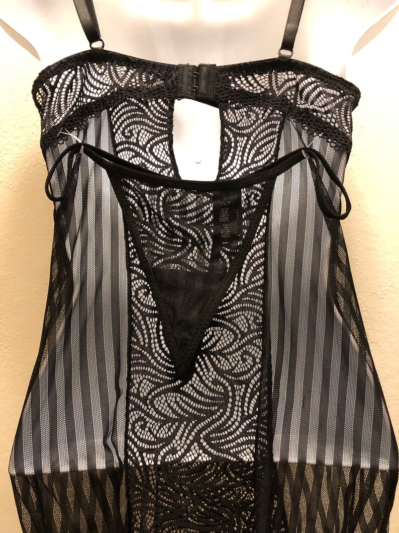 New Sexy Striped Lace Mesh Chemise With Garter Belt And Thong Etsy