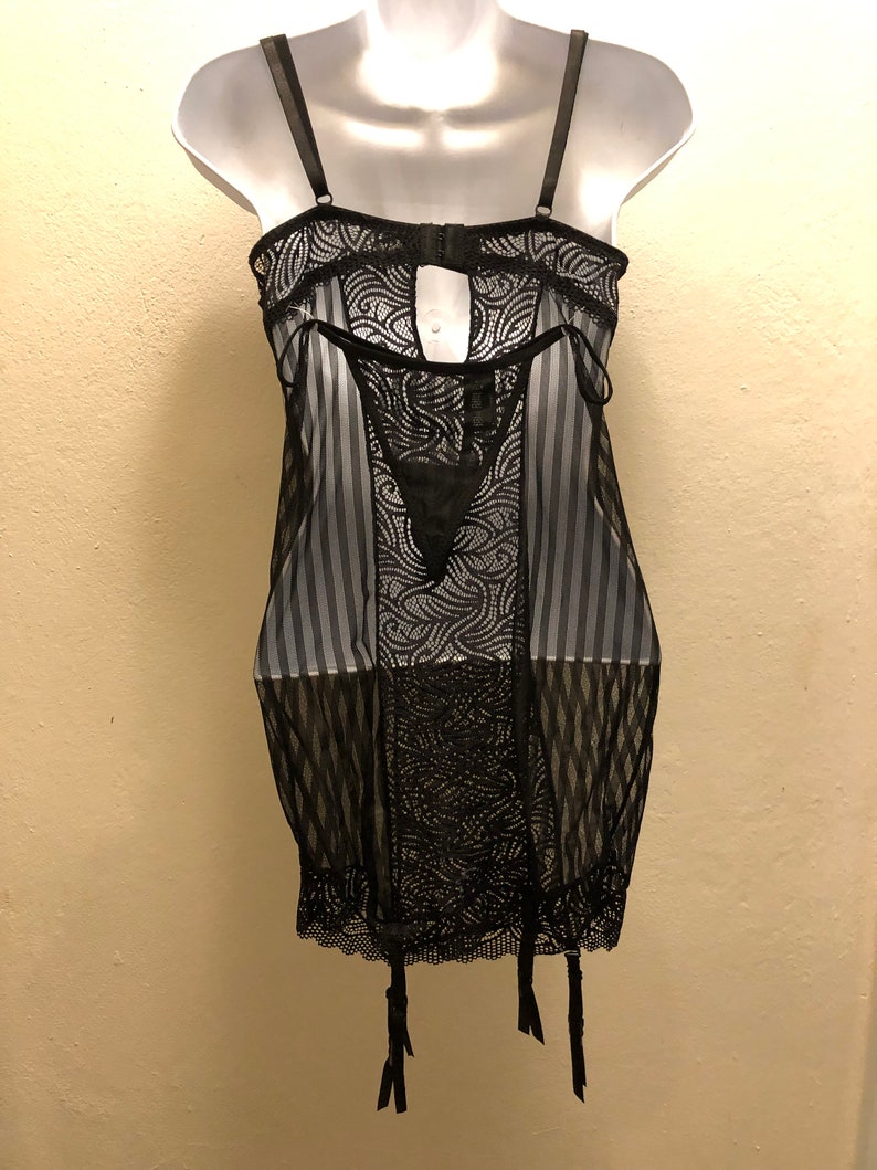 New Sexy Striped Lace Mesh Chemise With Garter Belt And Thong Etsy