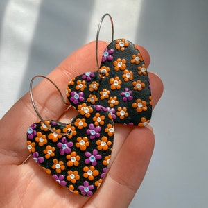 Heart earrings, floral earrings, Gothic earrings, hoops, polymer clay earrings, Heart of the Garden