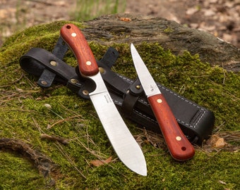 Bushcraft Set by Fred Perrin and BPS Knives Full Tang Knives Stainless Steel Knives Full Flat Grind & Padauk Handle Leather Sheath 2 in 1