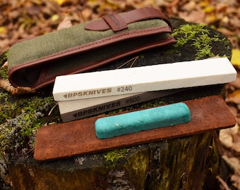 Knives Sharpening Kit, 2 Knife Sharpener Stones 240 & 800, Leather Strop, Sharpening Stone for Camping Knife, Pocket Knife Stones BPS Knives