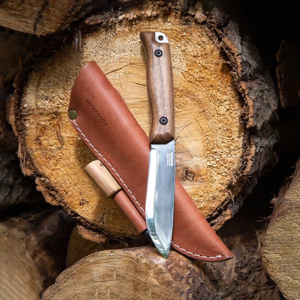 Bushcraft Knife Full Tang Knife Carbon Steel Knife Fixed Blade Knife Scandi Grind & Leather Sheath with Ferro Rod Camp Knife BPS Knives HK1