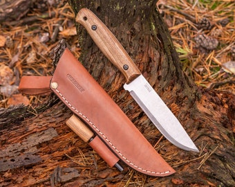 Handmade Bushcraft Knife, Full Tang Knife, Carbon Steel Knife, Scandi Grind & Leather Sheath and Fire Steel Bushcraft BPS Knives Adventurer