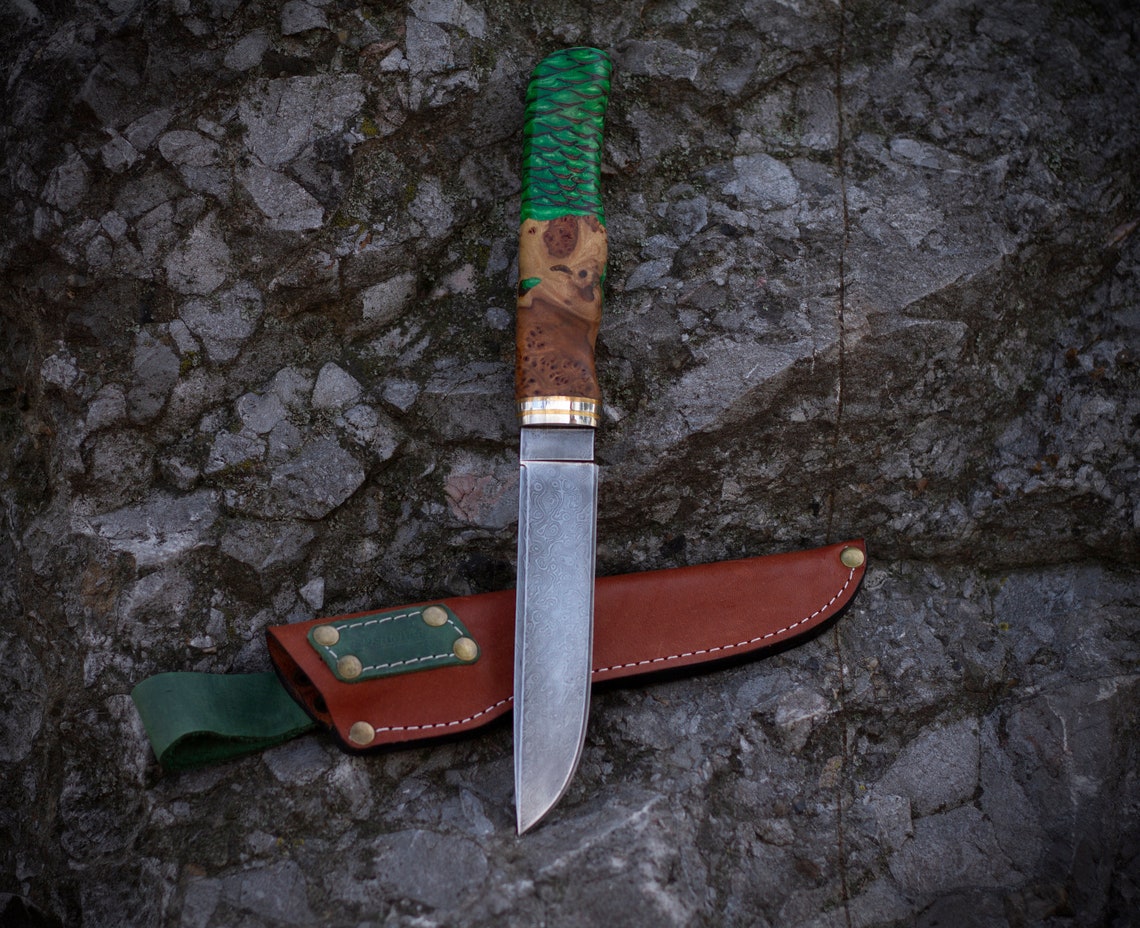 Bushcraft Knife Bohler 400 Damascus Steel Knife Rat Tail Knife Etsy