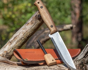 Cuchillo Bushcraft, cuchillo de hoja fija, cuchillo Aventurero, cuchillo hecho a mano, cuchillo de camping, Cuchillos BPS, acero al carbono, cuchillo con funda de cuero