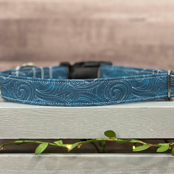 Dark Blue Geometric Waves Dog Collar, Ocean Dog Collar, Modern Dog Collar, Plastic Buckle, Boho Dog Collar, Unisex Collar for Dogs