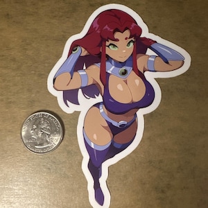 May include: A sticker featuring a cartoon character with red hair, green eyes, and a purple and blue outfit. The character is posed with one hand on their head and the other arm raised.