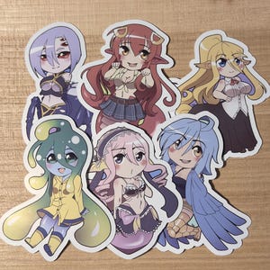 Peut inclure: Six autocollants de personnages de dessins animés colorés représentant des filles de style anime avec différentes caractéristiques animales. Les autocollants sont imprimés sur du papier blanc avec une finition brillante.