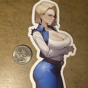 May include: A sticker featuring a cartoon illustration of a woman with blonde hair, wearing a white shirt, blue jeans, and a blue denim jacket. The woman is looking to the right side of the image.
