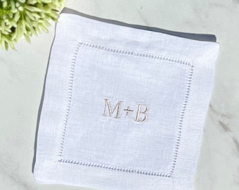 Custom Linen Cocktail Napkins, Linen Embroidered Napkins, Wedding Napkins, Bar Cart Napkin, Block Monogram