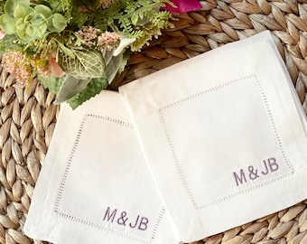 Custom Linen Cocktail Napkins, Linen Embroidered Napkins, Wedding Napkins, Block Style Monogram Napkin, Bar Cart Napkin,