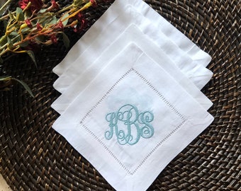 Custom Linen Cocktail Napkins, Linen Embroidered Napkins, Wedding Napkins, Interlocking Design Monogram Napkin, Bar Cart Napkin,