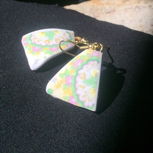Chintz china, Broken china jewelry, Dainty yellow green and pink flowers on these earrings with design also on reverse side, RARE FIND