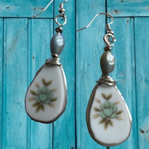 blue and white broken china earrings, blue rose, dainty earrings