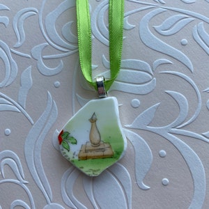 Garden scene broken china pendant on 15” green ribbon broken china jewelry. china necklace