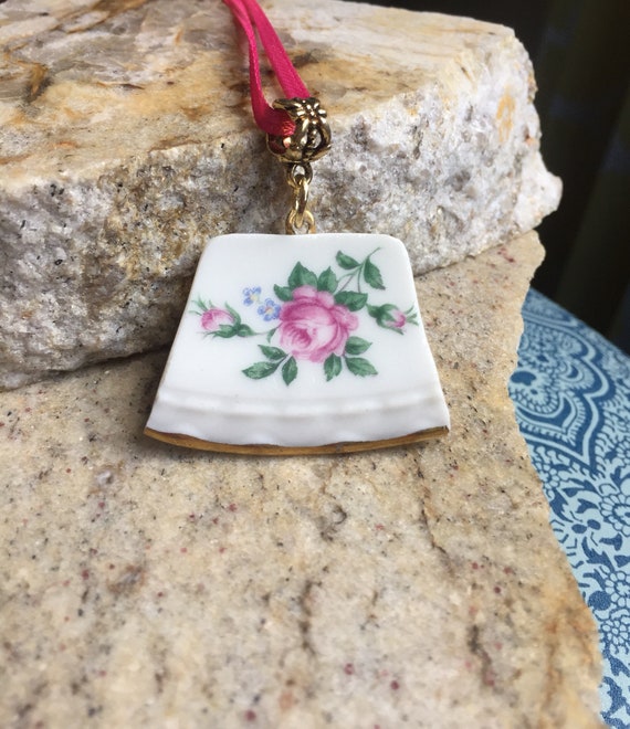Broken china jewelry broken plate jewelry pendant Pink rose Etsy