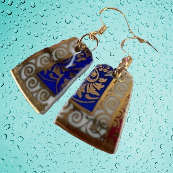 Cobalt and ice blue broken china dangle hypoallergenic earrings made from vintage teacup, fine china, gold gilded, broken china jewelry