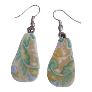 Broken china earrings, chintz teacup earrings, green yellow pastel geometric earrings