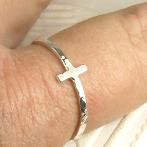 Hammered Sterling Silver Sideways Cross Ring, Simple Modern Design