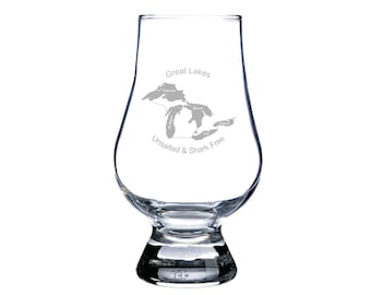 Great Lakes, Unsalted and Shark Free - Etched Glass Glencairn for Bourbon, Whiskey, Scotch - Midwest, HOMES, Michigan Gift