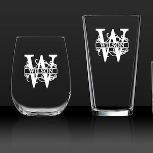 Custom Engraved Monogram - Personalized Etched Glass for Bourbon, Whiskey, Scotch - Your Choice of Glassware