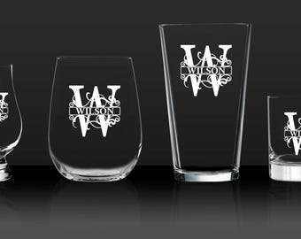 Custom Engraved Monogram - Personalized Etched Glass for Bourbon, Whiskey, Scotch - Your Choice of Glassware