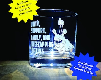 Dungeon Crawler Carl Fan Merchandise. Kandy "Bigs" Newton - Sluggalo Motto: Unity, Support, Family, Sandblasted onto Glass of your choice.