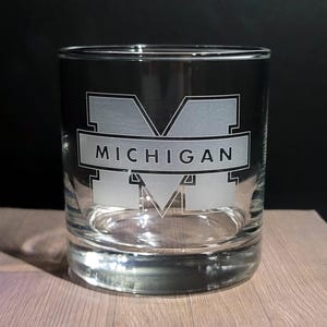 University of Michigan Etched Rocks Glass, Wolverines - Pint, Beer Can, Wine Glass, Coffee Mug, Flute