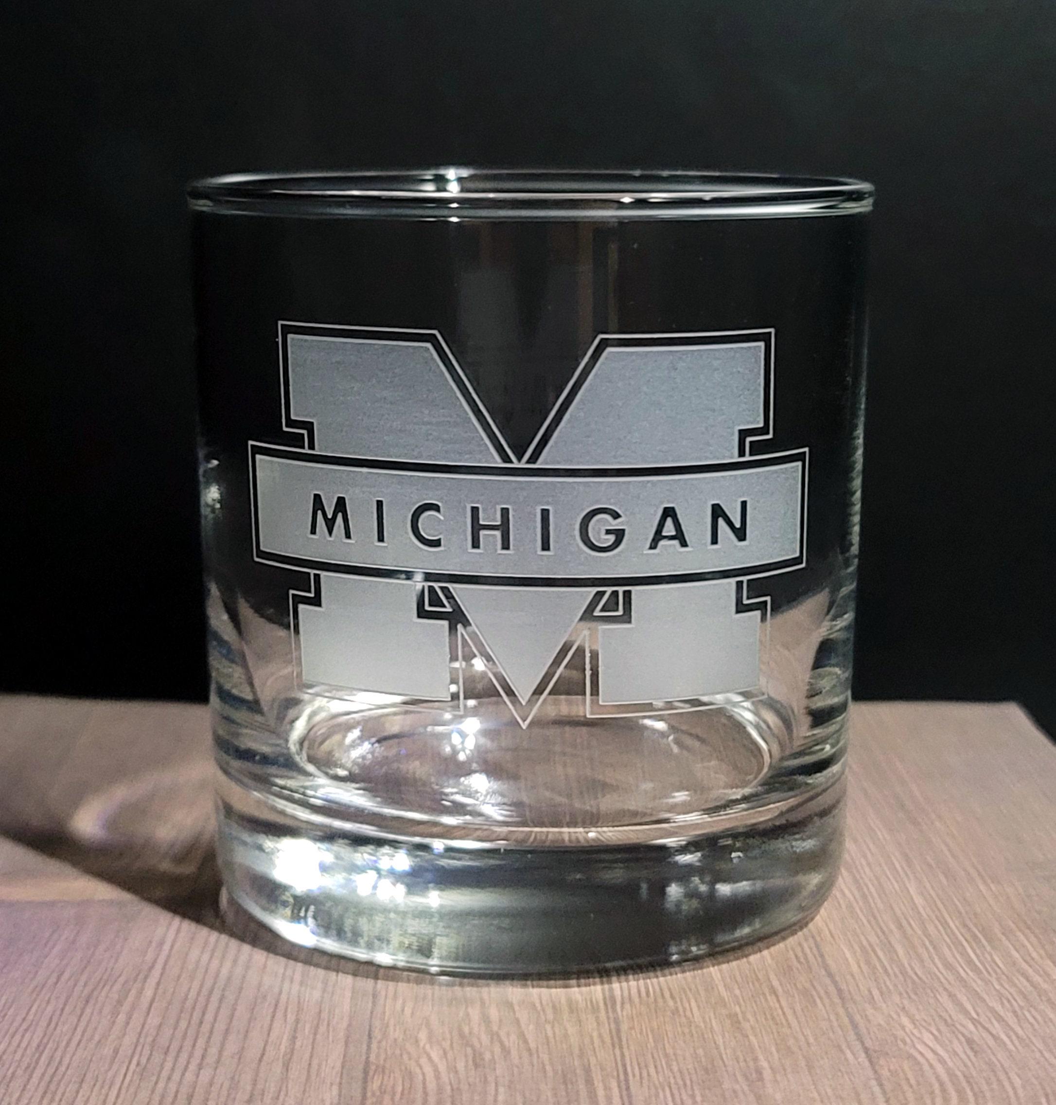 University of Michigan Etched Rocks Glass, Wolverines - Pint, Beer Can, Wine Glass, Coffee Mug, Flute
