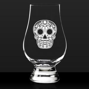 Day of the Dead Mexican Sugar Skull Etched Glass - Glencairn, Rocks, Pint glass, Permanently Engraved Design for Halloween Gift