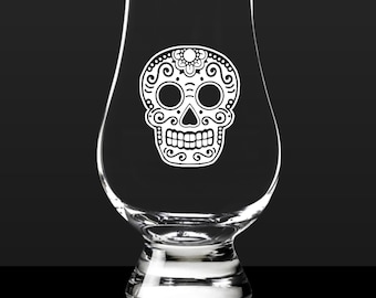 Day of the Dead Mexican Sugar Skull Etched Glass - Glencairn, Rocks, Pint glass, Permanently Engraved Design for Halloween Gift