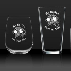 Flying Spaghetti Monster Etched Glass Gift - Sandblasted, Dishwasher Safe, Permanent Design