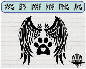 May include: Black graphic design featuring angel wings and a paw print with a heart in the center. The design includes the text "SVG EPS DXF PDF PNG JPG" at the top. The background is a white brick wall.