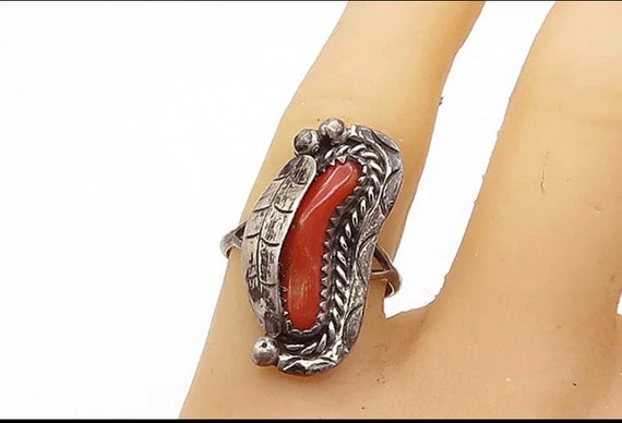Vintage sterling silver coral ring long