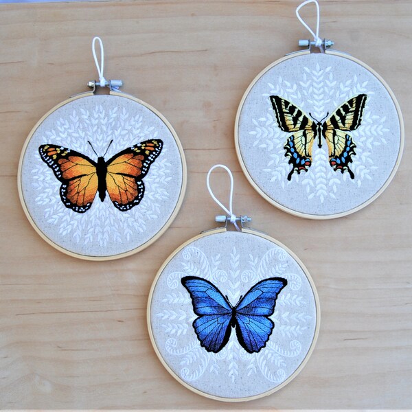 Embroidered Wall Hangings, 7" Hooped Butterflies, Monarch, Blue Morpho, Tiger Swallowtail