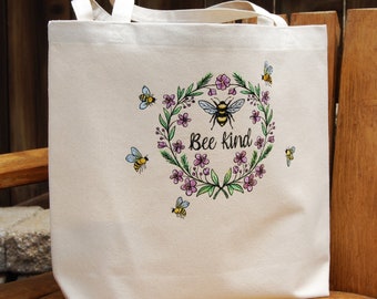 Embroidered Bee Kind Canvas Tote Bag, Reusable Grocery Bag