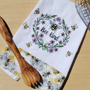 Embroidered Dish Towel, Bee Kind Cotton Flour Sack Towel, Kitchen Linens and Decor,