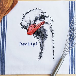 Embroidered Dish Towel, Ostridge, Kitchen Linens and Décor, Bridal Shower Gift, Bakers Gift