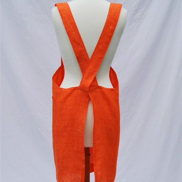 Cross-back tangerine orange linen apron with pockets, Japanese style square neck cross back, pinafore crisscross style dress apron