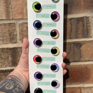 May include: A white rectangular display board featuring twelve circular cabochon eyes with black pupils and iridescent, multi-colored glitter irises. Each eye is paired with a light green label printed with names: Nancy, Kristy, Gale, Sidney, Erin, Mia, Sally, Dani, Grace, Maxine, Laurie, and Ripley.