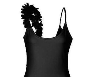 Black swim suit with floral trim detail