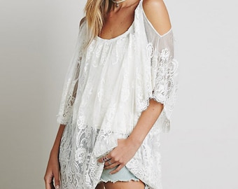 soft lace kaftan style dress top with open shoulder detail